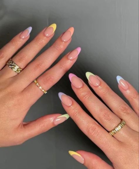 #nails #nailsart #nailsdesign #acrylic #pretty #fashion #nailideas #nailsideas #inspo #pastel #rainbow #simple #summer Pastel Nails Inspo Aesthetic, Spring Nails French Tip Pastel Almond, Pastel Nails Multicolor, Pastel Summer Nails Almond, Almond Nails Pastel Tips, Easter Pastel French Tip Nails, Multicolor French Tip Nails Pastel, Almond Nails Colorful Tips, Pastel Coloured French Tips