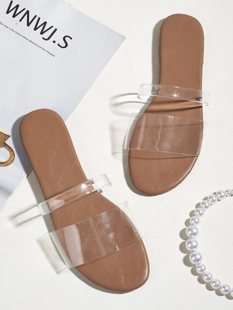 Clear Slide Sandals | SHEIN USA Clear Sandals Flats, Clear Slippers, Clear Flats, Sandals Shein, Clear Slides, Clear Sandals, Women Flat Sandals, Shoes Heels Classy