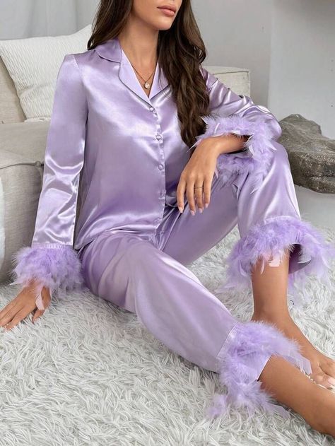 Fuzzy Trim Satin PJ Set | SHEIN Purple Satin Pants Outfit, Satin Pajamas Aesthetic, Purple Pjs, Pajamas Purple, Satin Pants Outfit, Purple Pajamas, Satin Pjs, Sleepwear Women Pajamas, Silky Pajamas