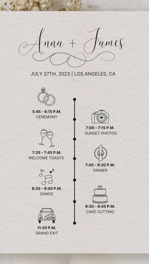 Editable Wedding Day Timeline Wedding Reception Schedule Info - Etsy Canada Wedding Etsy Ideas, Wedding Ideas Luxurious, Wedding Invitations With Timeline, Wedding Schedule Template, Invitation Timeline Wedding, Wedding Invitations With Schedule, Wedding Day Timeline Card, Evening Wedding Timeline No Dinner, Diy Wedding Itinerary