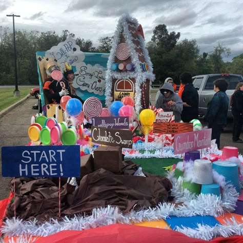 Homecoming 2015. Tigers vs. Indians. The theme was candy, so we created Candyland!                                                                                                                                                                                 More Candy Land Homecoming Float, Candy Land Christmas Parade Float, Candyland Theme Float, Christmas Parade Float Ideas Diy Candy Land, Candy Land Homecoming, Candyland Float Ideas, Candyland Homecoming Float, Candy Land Theme Parade Float, Candy Float Parade