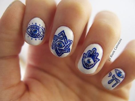 Amazing Jewish symbol nail art! Evil eye, Jewish star, Hamsa, and ... Evil Eye Nails, Classy Nail Art, Eye Nail Art, Her Nails, Short Nail Designs, Classy Nails, Nail Art Inspiration, Cool Nail Art, Love Nails