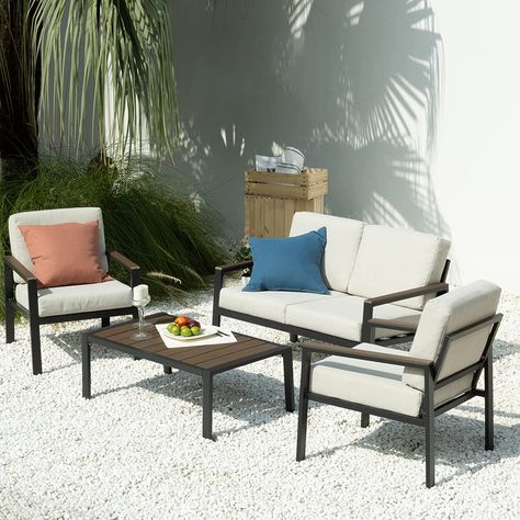 ZINUS Dillon Aluminum and Poly Lumber Outdoor 4 Piece Conversation Set / Patio Furniture Set / Weather Resistant and Rust Proof / Easy Assembly, Black Metal Outdoor Furniture, Aluminum Patio Furniture, Outdoor Patio Furniture Sets, Aluminum Patio, Couch Set, Patio Lounge, Conversation Set Patio, Garden Patio Furniture, Patio Set