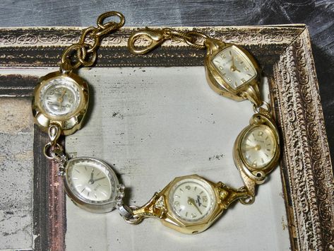 Vintage Watch Bracelet, One of a Kind Bracelet, Two tone Watch Bracelet- BBB Old Watches Crafts Ideas, Watch Upcycle, Watches Design, Jewelry Repurposed, Watch Ideas, Vintage Jewelry Repurposed, Vintage Watches Women, Face Jewellery, Heart Locket Necklace