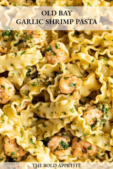 close up of mafaldine old bay garlic shrimp pasta Garlic And Herb Sauce, Mediterranean Seafood, Seafood Medley, Garlic Shrimp Pasta, Shrimp Dinner, Shrimp Recipes For Dinner, Herb Sauce, Pasta Dinner Recipes, Shrimp Dishes