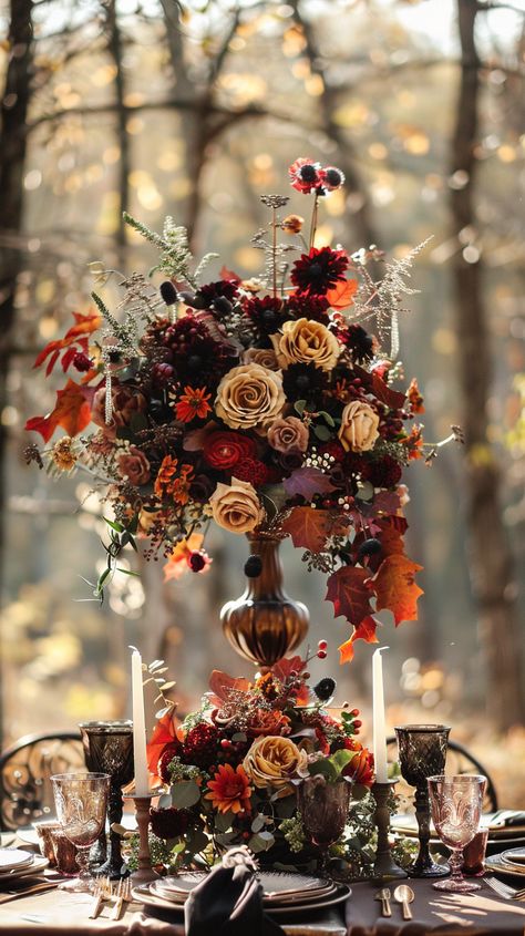 40+ Fall Wedding Ideas That Will Inspire You (Cake, Aisle, Table, Ceremony Decor, And More!) Dark Fall Wedding Decor, Fall Wedding Church Decorations, Fall Wedding Aisle Decor, Fall Wedding Flower Arrangements, Gothic Fall Wedding, Wedding Flowes, Fall Reception, Autumn Wedding Inspiration, Outdoor Thanksgiving