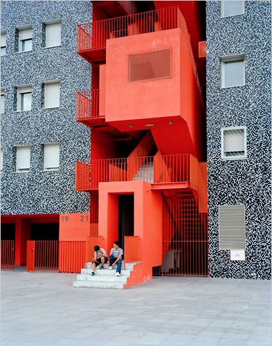 Infill Architecture, Red Building, Contrast In Architecture Building, Colorful Facade Architecture, Cool Ramps Architecture, Mvrdv Housing, Red Building Architecture, Red Facade Architecture, Red Architecture