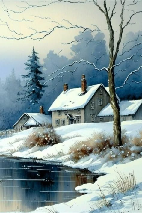 Winter Landscape Watercolor Snow Scenes, Winter Cabin Watercolor, Winter Wonderland Watercolor, Senary Painting Art, Red Barn Painting, Winter Scene Paintings, Snowy Cabin, Frozen River, Loose Watercolor Paintings