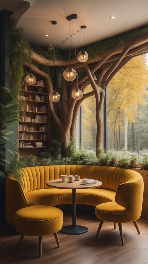 Would you want to study here? Forest Themed Restaurant, Cozy Cafe Bookstore, Forest Coffee Shop, Cozy Bookshop Cafe Aesthetic, Jungle Coffee Shop, Kava Bar, Boba Shop, Forest Cafe, Play Cafe