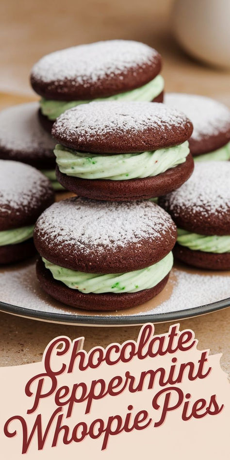 Sweeten up your season with these Chocolate Peppermint Whoopie Pies! Soft, cake-like cookies paired with a minty cream filling make these a festive dessert everyone will love. Perfect for adding a dash of holiday cheer! Peppermint Whoopie Pie Recipe, Chocolate Mint Whoopie Pies, Chocolate Peppermint Whoopie Pies, Mint Whoopie Pies, Tiramisu Whoopie Pies, Whoopy Pies Recipe, Christmas Whoopie Pie Recipe, Eggnog Whoopie Pies, Home Made Peppermint Patties