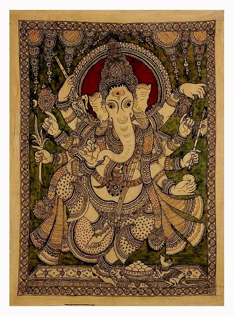 Kalamkari Ganesha, Ganesh Artwork, Phad Painting, Mysore Painting, Ancient Indian Art, Kalamkari Painting, Indian Art Gallery, Ganesh Art, Indian Painting