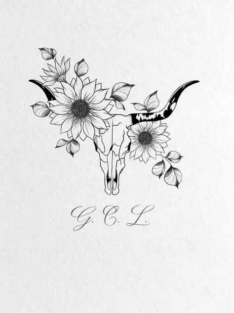 I will create a beautiful flower tattoo design for you Floral Bull Tattoo, Western Bull Tattoo, Cross With Cowboy Hat Tattoo, Western Flowers Tattoo, Antler With Flowers Tattoo, Longhorn Skull Tattoo Women, Unique Western Tattoos, Longhorn Skull With Flowers, Thigh Tattoos Women Flowers