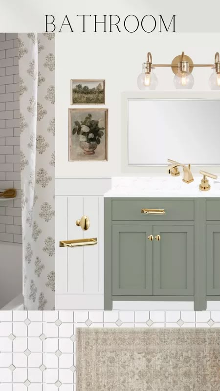 emmacourtneyhome's Moodboards Collection on LTK Cottage Half Bathroom, Small Bathroom Wall Ideas Decor, French Farmhouse Powder Room, Neutral Bathroom Shower Curtains, Dusty Green Bathroom, Green Tan Bathroom Ideas, Powder Bath Design, Small Beadboard Bathroom, Sage Bathrooms