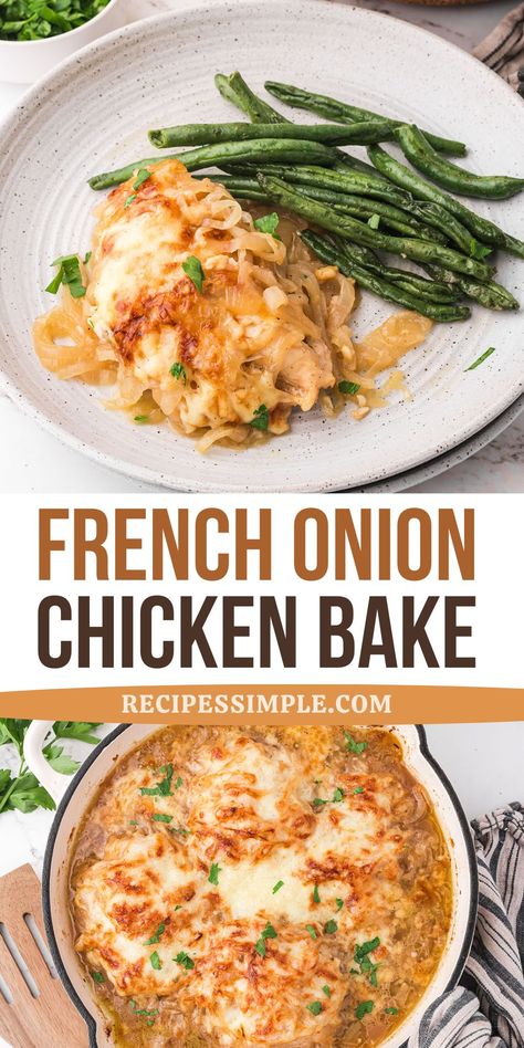 This delicious French Onion Chicken Bake has the rich flavor of French onion soup combined with tender chicken and caramelized onions. Delicious chicken recipe for family dinner or any occasion! Chicken With French Fried Onions, Chicken With Fried Onions, Recipes With French Onion Soup Packet, French Onion Bake, Chicken French Onion Casserole, Easy French Onion Chicken, Chicken French Onion Soup, Onion Chicken Recipes, Chicken For One