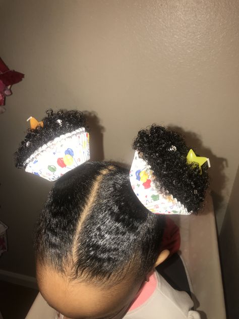 Wacky hair day! Crazy hair day cupcake buns Crazy Hair Day For Black Hair, Crazy Hair Day Black Kids, Wacky Wednesday Hair, Crazy Hair Day Cupcake, Cupcake Hair Buns, Cupcake Crazy Hair, Crazy Hair Day Noodles, Crazy Hair Day Cupcake Buns, Cupcake Hairstyle Crazy Hair