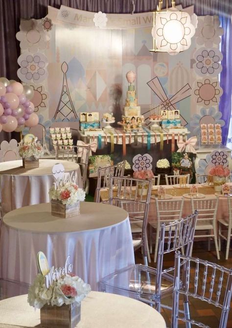 Marcela’s Small World | CatchMyParty.com Its A Small World Baby Shower Ideas, It’s A Small World Party, Small World Birthday Party, Small World Party, Its A Small World, It’s A Small World, World Party, World Photo, Party Centerpieces