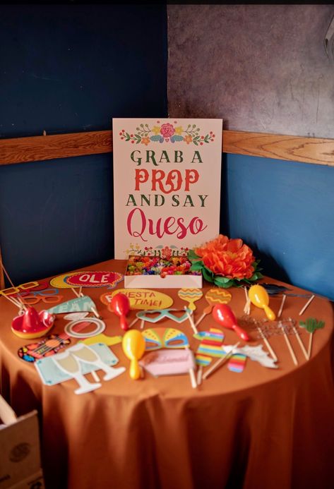 Grab a prop and say queso! Fiesta bridal shower Every Kiss Begins With Queso, Nacho Wedding Shower Ideas, Fiesta Bridal Shower Backdrop, Taco Bout Love Bachelorette Party, Mexican Bridal Shower Games, Bridal Shower Mexican Food, Nacho Average Couples Shower Ideas, 40th Fiesta Theme Party, Nacho Bridal Shower Ideas