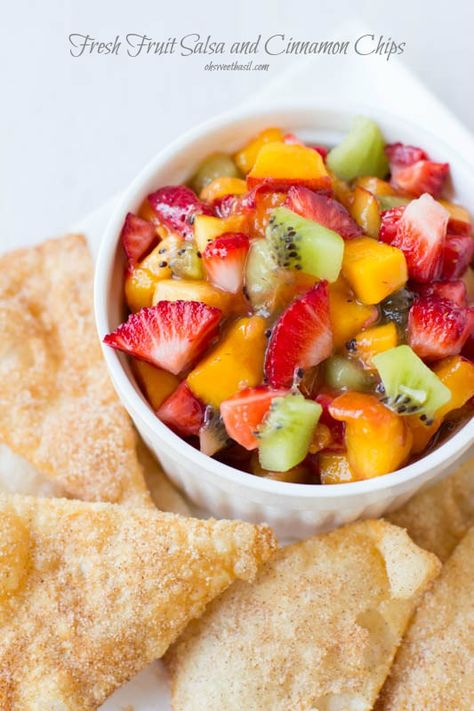 Fruit Salsa General Conference Snacks, Easy Fruit Salsa, Fruit Salsa And Cinnamon Chips, Cinnamon Sugar Chips, Fruit Salsa Recipe, Mango Desserts, Carne Asada Tacos, Oh Sweet Basil, Fresh Fruit Recipes