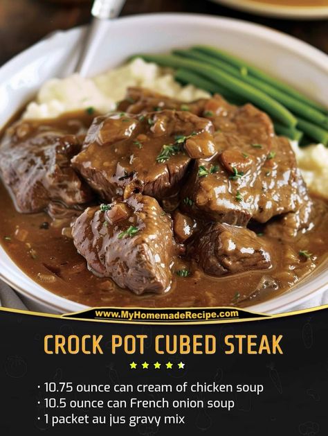 Crock Pot Cubed Steak, Cube Steak Crock Pot Recipes, Recipes Crock Pot, Crockpot Cube Steak, Cubed Steak, Au Jus Gravy, Cube Steak, Beef Casserole Recipes, Crockpot Dishes