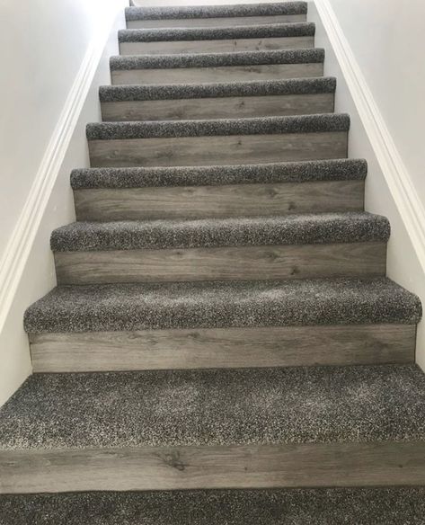 Partial Carpet Stairs, Carpet For Basement Stairs, Carpet And Laminate Stairs, Carpeted Stairs With Wood End Caps, Stairs Carpet Tread Only, Modern Carpet Stairs Lowe's, Dark Gray Stair Treads, Stair Idea, Stairway Remodel