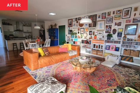 Eclectic Living Room Redo with Maximalist Gallery Wall - Before and After Photos | Apartment Therapy Maximalist Decor White Walls, Maximalist Gallery Wall, Maximalist Living Room, Tan Sofa, Large Gallery Wall, Living Room Redo, Eclectic Living, Living Room Decor Inspiration, Eclectic Living Room