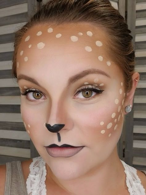 Make Up For Deer Costume, Easy Halloween Deer Makeup, Diy Fawn Costume Women, Fawn Halloween Makeup, Deer Costume Makeup Kids, Fawn Costume Women, Ladies Deer Costume, Easy Deer Face Paint, Deer Makeup Halloween Kids