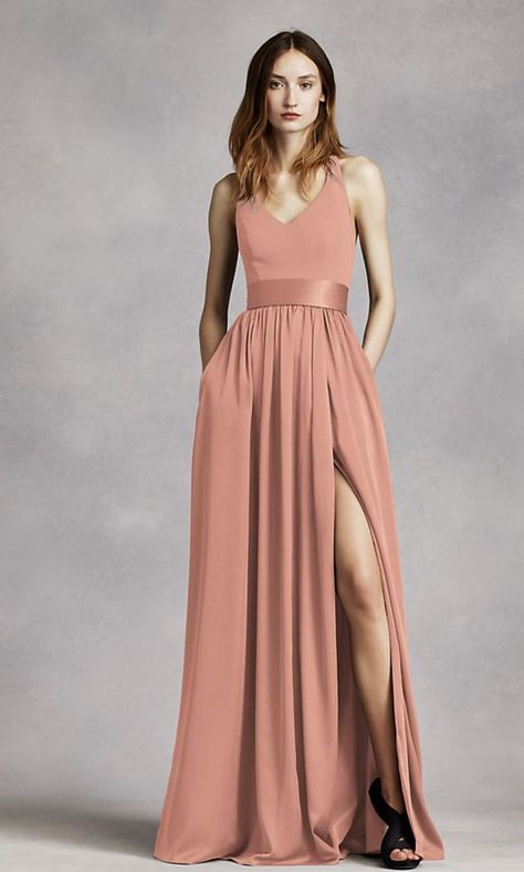 Formal Coral Bridesmaid White by Vera Wang V-Neck Halter Gown in Desert Coral Coral Dress Wedding, Bridesmaid Dresses Australia, Vera Wang Bridesmaid, Coral Bridesmaid, Coral Bridesmaid Dresses, Orange Bridesmaid Dresses, Stunning Bridesmaid Dresses, Vestidos Color Rosa, Bridesmaid Dresses With Sleeves