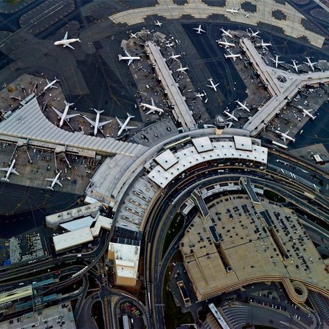 Seen From Above: Jeffrey Milstein (former Berkley architecture student & current NY photographer) captures the art of airport design | this is Newark Liberty International Airport | his official webpage: http://www.jeffreymilstein.com/ Airport Architecture, Newark Liberty International Airport, Newark Airport, Airport Parking, Airport Design, Airport Photos, Aerial Photograph, At The Airport, Aerial Photo