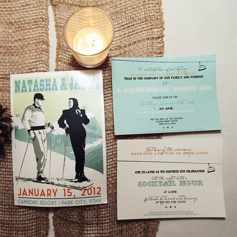 Ski Wedding Invitations, Lacrosse Field, Ski Wedding, Park City Ut, Themed Wedding Invitations, Inexpensive Wedding Venues, Vintage Invitations, Park City Utah, Vintage Ski