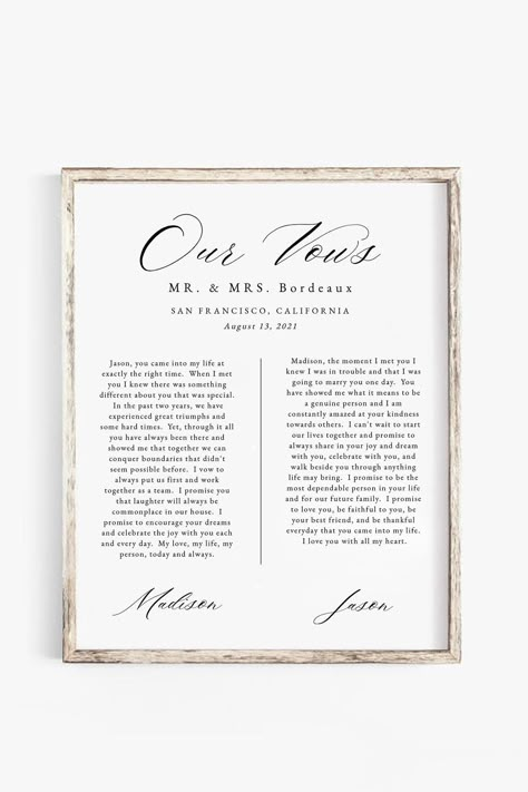 Vows Gift Ideas, Our Vows Framed, How To Display Vows Wall Art, Framing Wedding Vows, His And Her Vows Framed, Wedding Vows Printed And Framed, Civil Wedding Vows, Vows Keepsake Ideas, Wedding Vows Keepsake Ideas