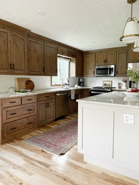 How to Make Rustic Kitchen Cabinets By Refinishing Them + The Best Stain Color - Amanda Katherine Greige Kitchen Cabinets, Best Wood Stain, Cabinet Stain, Rustic Modern Cottage, Kitchen Runner Rugs, Greige Kitchen, Spanish Style Kitchen, Grey Stained Wood, Types Of Kitchen