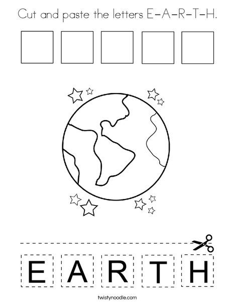 Cut and paste the letters E-A-R-T-H Coloring Page - Twisty Noodle Žemės Diena, Earth Week Preschool, Solar System Coloring Pages, Planets Activities, Earth Day Worksheets, Planet Coloring Pages, Facts About Earth, Earth Day Coloring Pages, Kinder Worksheets