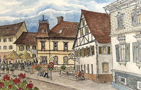 Kandern Main Street - Rob Carey Art Europe Germany, Urban Sketch, Post Impressionism, Watercolor Sketch, Paintings Art Prints, Paintings & Prints, Travel Europe, Watercolor And Ink, Main Street