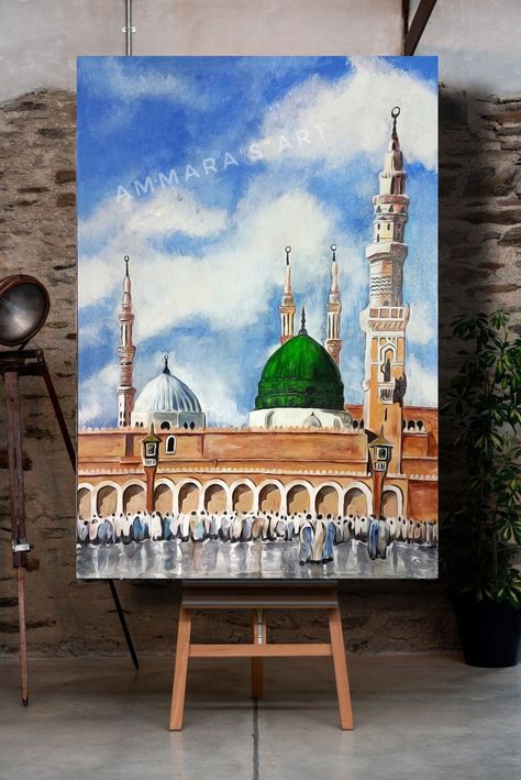 Madina Painting Canvas, Makkah Madina Painting, Kaaba Painting Canvas Easy, Madinah Drawing, Makkah Painting On Canvas, Makka Madina Painting, Madinah Painting, Makkah Painting, Madina Painting