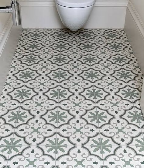 Green Moroccan Tile, Green Tile Floor, Room Tiles Floor, Patterned Bathroom Tiles, Small Toilet Room, Modern Palette, Contemporary Color Palette, Satin Style, Downstairs Toilet