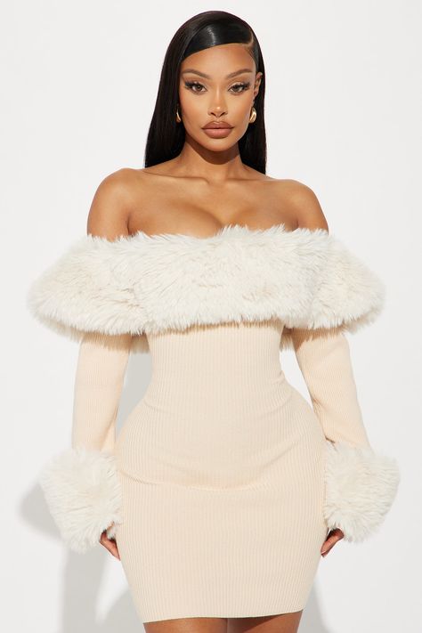 Maci Sweater Mini Dress - Beige | Fashion Nova, Dresses | Fashion Nova Birthday Sweater Dress, Cute Dresses Long Sleeve, Winter Birthday Fits, Cold Birthday Outfit, Winter Bday Outfit Women, Baddie Christmas Outfits, Cute Winter Outfits Baddie, Fur Dresses, Winter Baddie Outfits