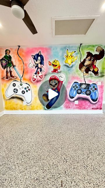 David Blanch on Instagram: "New Mural Alert!! Transformed this #airbnb #gameroom into a super rad place to play in two days…this is the second mural for these clients and I’m super grateful to bring some awesomeness into the gaming room for future families to enjoy 🙏🏻❤️🤘🏻 feel free to message me if interested in mural work… music by a band that’s about to take over the industry @nevertelofficial #mural #muralwork #muralpainting #game #gamer #mario #zelda #donkeykong #pikachu #pacman #games #spraypaint #artist #artwork #artoftheday #muralartist #blest" Gaming Room Mural, Nintendo Room, Paint Games, Arcade Room, Work Music, Vr Games, Air B And B, Gaming Room, Mural Painting