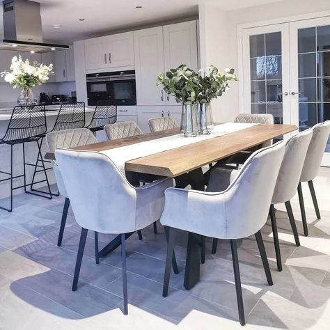 Open Plan Kitchen Dining Living, Open Plan Kitchen Diner, Grey Dining Tables, Table 8, Open Plan Kitchen Dining, Open Plan Kitchen Living Room, Grey Dining Room, Casa Country, Gray Dining Chairs