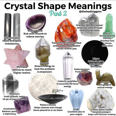 The Healing Gem | Crystal Shop on Instagram: “Crystal Shape Meanings Part 2!! I read through your comments and questions about other shapes and decided to put them together. 💕🥳 Hope…” Gem Meanings, Crystal Meanings Charts, Gemstones Chart, Crystal Healing Chart, Shape Meaning, Crystal Guide, Witch Spell Book, Spiritual Crystals, Baby Witch