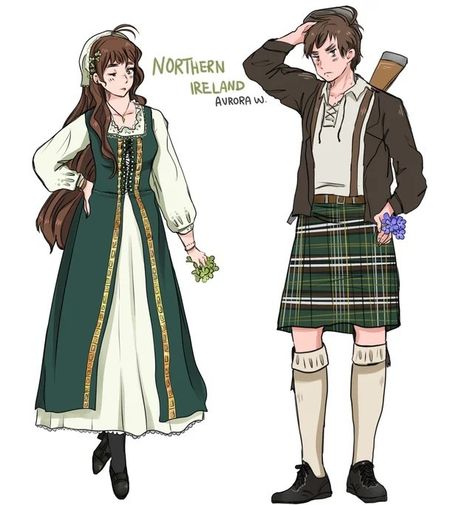 Hetalia Traditional Clothing, Ireland Traditional Clothing, Hetalia Northern Ireland, Aph Ireland, Traditional French Clothing, Traditional Irish Clothing, Couples Fanart, Kirkland Brothers, Ireland Poster