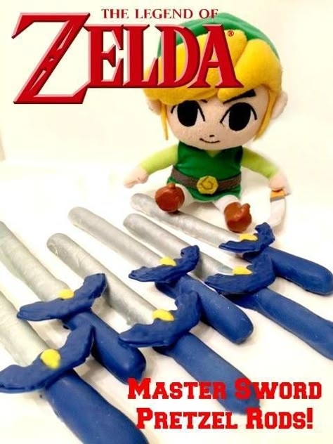 Zelda Cake Pops, Pretzel Swords, Zelda Recipes, Zelda Baby, Zelda Cake, Zelda Party, Nintendo Party, Gaming Party, Zelda Birthday