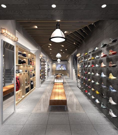 Simple but elegant looking shoe store with great lighting that completes the ambiance. Shoe Store Design, Tiger Store, Sneaker Shop, Store Interiors, Shop House Ideas, Shop House Plans, Interior Display, Retail Store Design, Sneaker Stores