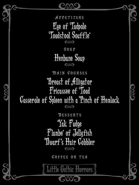 Addams Family Wedding Theme, Addams Family Party, Themed Dinners Ideas, Movie Food Ideas, Disney Meals, Gothic Family, Witches Tea Party, Disney Movie Night Food, Menu Halloween