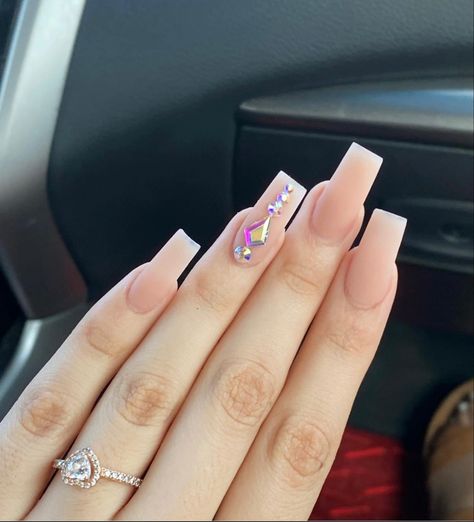 Valentines Nails Designs Short, Square Nails With Rhinestones, Nail Ideas With Gems, Nude Nails With Rhinestones, Nails Designs Short, Valentines Nails Designs, Plain Acrylic Nails, Designs For Short Nails, Statement Nail