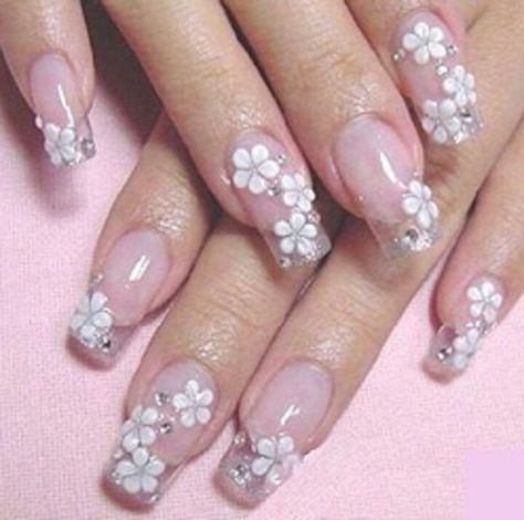 Clear w/white flowers Flower Design Nails, 2d Nail Art, Nail Art Flower, Wedding Day Nails, 3d Nail Designs, 3d Nail Art Designs, 3d Flower Nails, Nail Art Disney, Design Nails