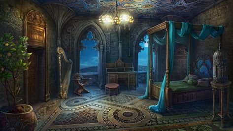 Palace Bedroom Fantasy Art, Elven Bedroom Concept Art, Concept Art Bedroom, Fantasy Bedroom Medieval, Magic Classroom Fantasy Art, Royal Bedroom Concept Art, Fantasy Bath House, Fantasy House Interior Art, Fantasy Study Room