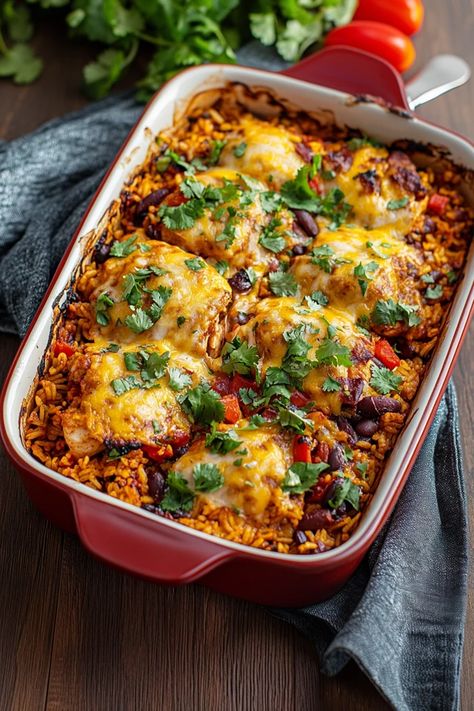 This Mexican Chicken and Rice Bake is the ultimate comfort food! Loaded with juicy chicken, fluffy rice, and smothered in melty cheese, it’s a one-pan wonder bursting with zesty Mexican flavors. Perfect for busy weeknights or a crowd-pleasing family dinner, this casserole will have everyone asking for seconds! #mexicanchicken #ricebake #chickencasserole #mexicanfood #onepandinner #comfortfood #easyrecipes #familydinner #weeknightdinner #cheesylove #casseroleideas #chickenandric Salsa Chicken Rice Casserole, Easy Mexican Chicken And Rice Casserole, Mexican Chicken Rice Casserole, Mexican Chicken And Rice Casserole, Mexican Bake, Mexican Comfort Food, Mexican Chicken And Rice, Recipes Using Rotisserie Chicken, Mexican Chicken Casserole