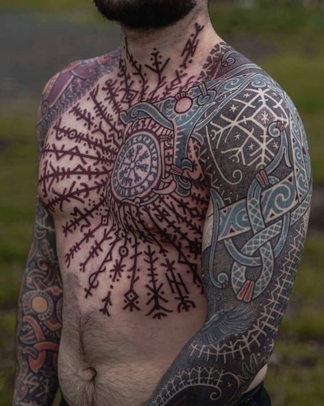 1. Epic Nordic tattoo design with two full sleeves & chest Nordic Tattoo Design, Nordic Tattoos, Tattoos Celtic, Celtic Sleeve Tattoos, Viking Rune Tattoo, Celtic Tattoos For Men, Slavic Tattoo, Norse Mythology Tattoo, Pagan Tattoo