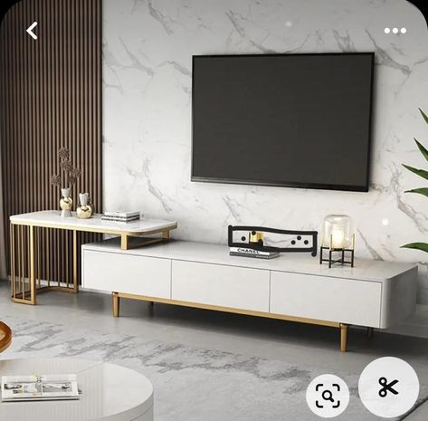 Tv Unit Elegant, Tv Unit With Study Table For Bedroom Modern Luxury, Tv Unit Table Design, Golden Tv Unit, Tv Unit Drawer Design, Marble Tv Unit Living Rooms, Tv Unit Marble Design, Free Standing Tv Unit, Tv Unit With Study Table