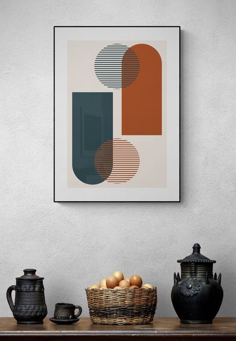 Mcm Wall Art, Mid Century Poster, Boho Mid Century Modern, Wall Art Scandinavian, Terracotta Wall Art, Boho Mid Century, Terracotta Wall, Geometric Abstraction, Blue Clay